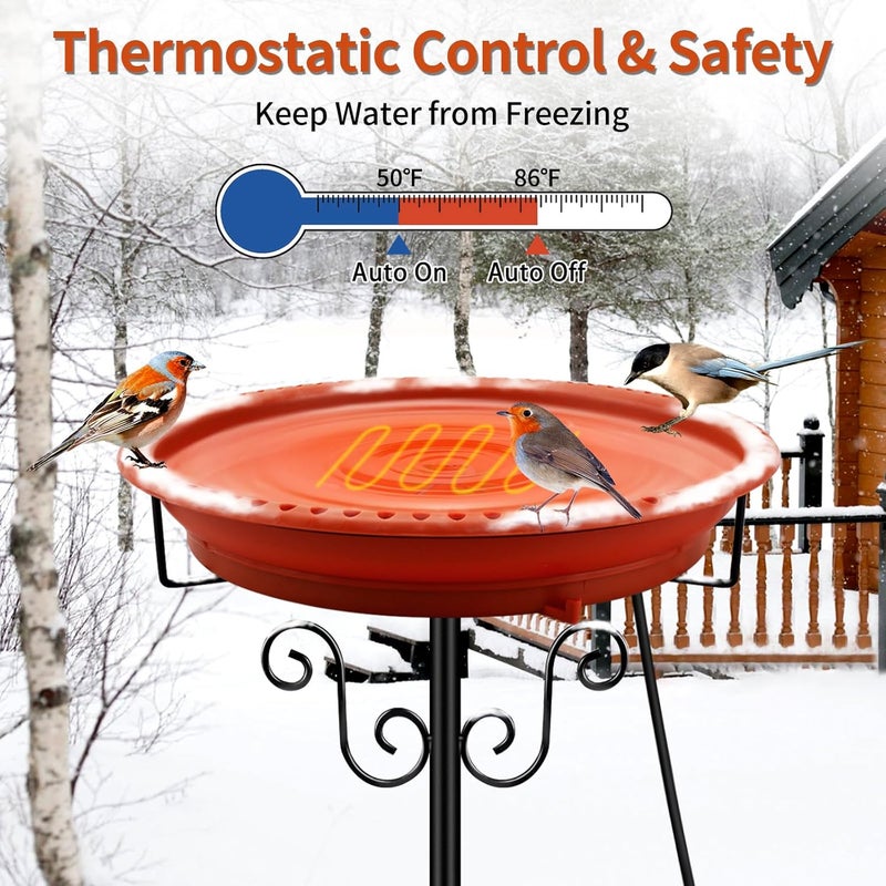Lovppy Heated Bird Baths for Outdoors for Winter, 100W Heated Bird Bath Water Heater with Thermostatically Controlled, Heated Bird Baths Bowl with Metal Stake for Outside Garden Patio Yard (Brown) - Image 3